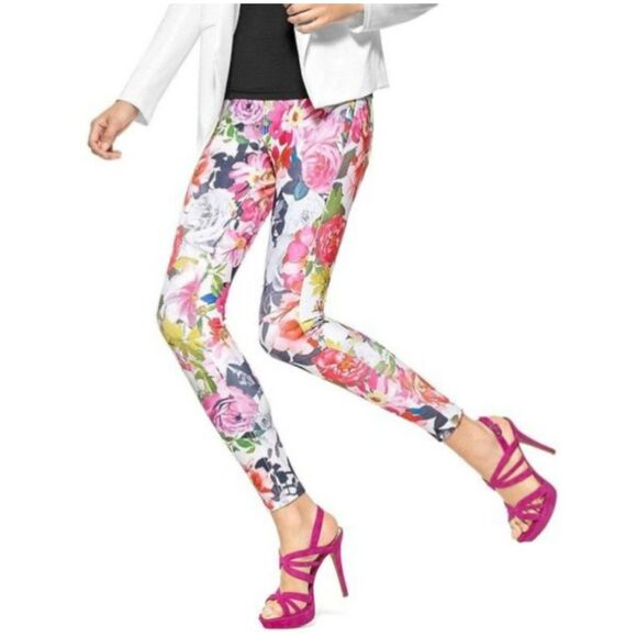 NWT HUE BRIGHT FLORAL LUSTER TWILL SKIMMER LEGGINGS SIZE LARGE EASTER SPRING - Picture 1 of 12